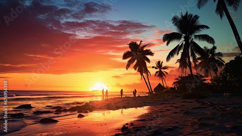 A beach scene at sunset with palm trees and people in silhouette, highlighting the allure of tropical destinations