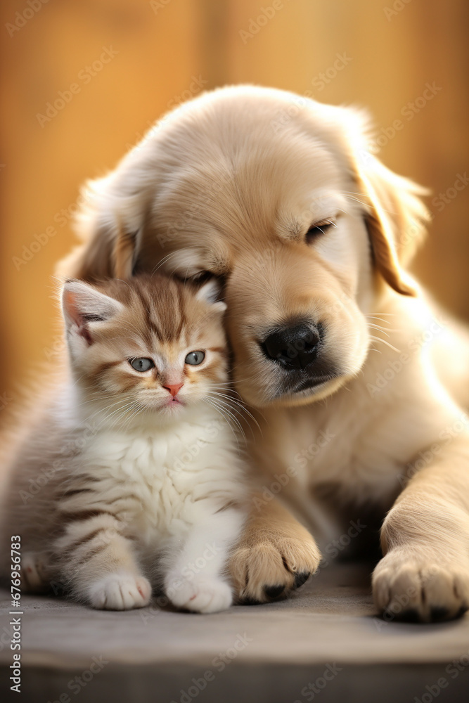 Dog and cat hug each other. The concept of true friendship.Generative AI Dog and cat hug each other. The concept of true friendship.Generative AI