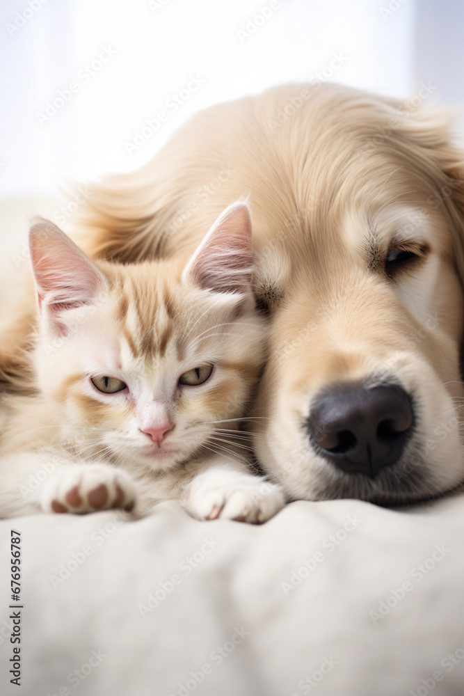 Dog and cat hug each other. The concept of true friendship.Generative AI