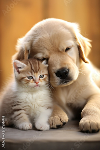 Dog and cat hug each other. The concept of true friendship.Generative AI © Артур Комис