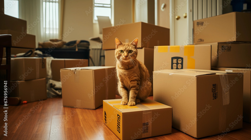 Fototapeta premium A cat sits among cardboard boxes for moving