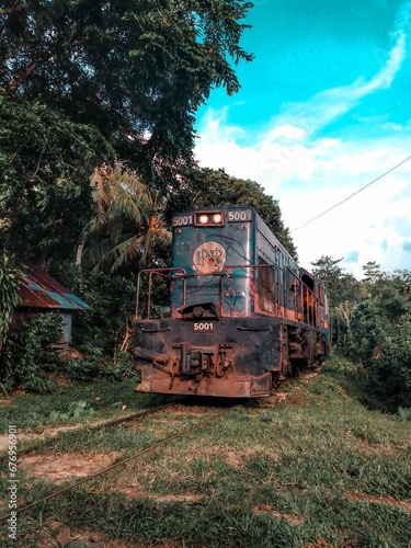 Vertical shot of an old rusty train in the jungle under a cloudy cyan sky