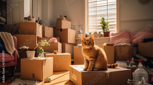 A cat sits among cardboard boxes for moving