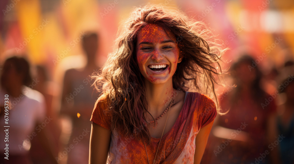 A happy young Indian woman at the Holi festival