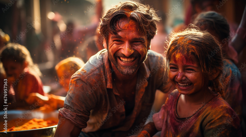 Happy father and daughter at the Holi festival