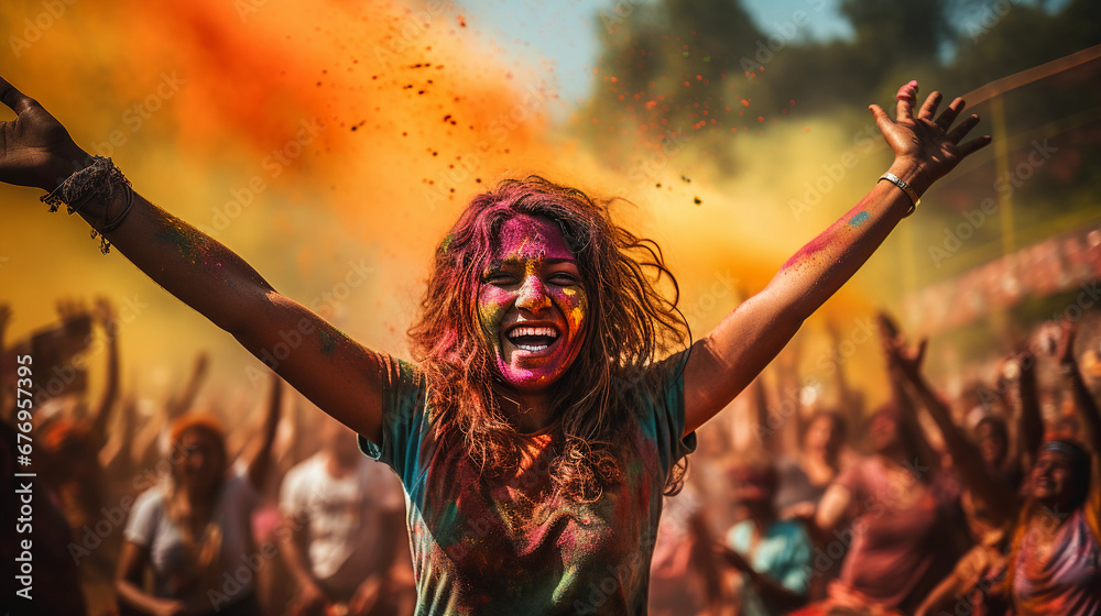 A happy young woman at the Holi festival