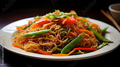 A vegetarian Asian style dinner that includes rice or potato noodles mixed with bell peppers carrots green beans onions sesame seeds and soy sauce creating a delicious and flavorful dish