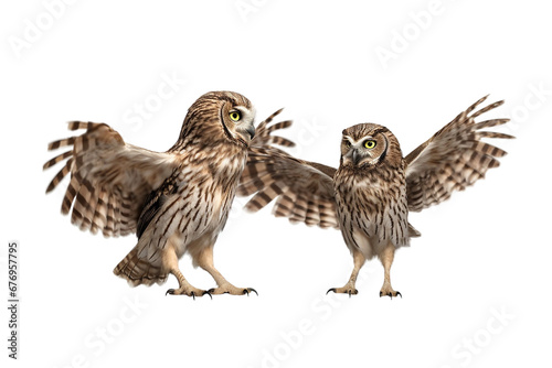 Two dancing owls isolated on transparent background. PNG file. Generative AI.