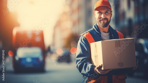 cargo delivery man on city background photo