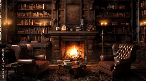 A library with a cozy fireplace and comfortable armchairs.