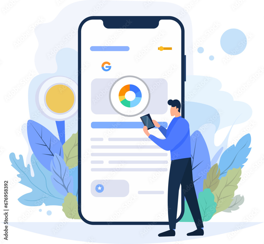 Flat illustration of a man with a cell phone against a background of plants