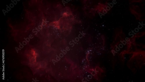 Red dark galaxy nebulae and stars and flight through space. Slow Camera track among shining nebula. artistic concept 3D animation for space exploration and science fiction.