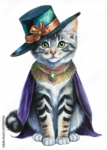 Sweet silver tabby kitten in costume, wearing a chic cloak hat and jewels dressed up for New Years, Valentine or black tie dressy party invite card isolated design element photo