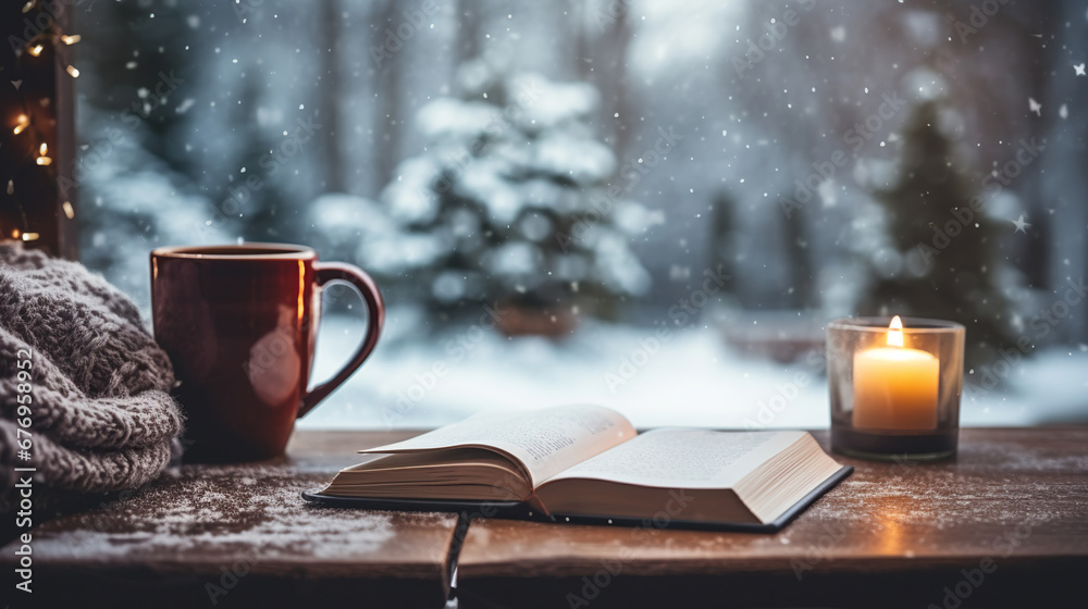 Peaceful winter moment with a hot mug and book by the snowy window. Cozy Christmas time with knitted blanket, candlelight, and a good read. - obrazy, fototapety, plakaty 