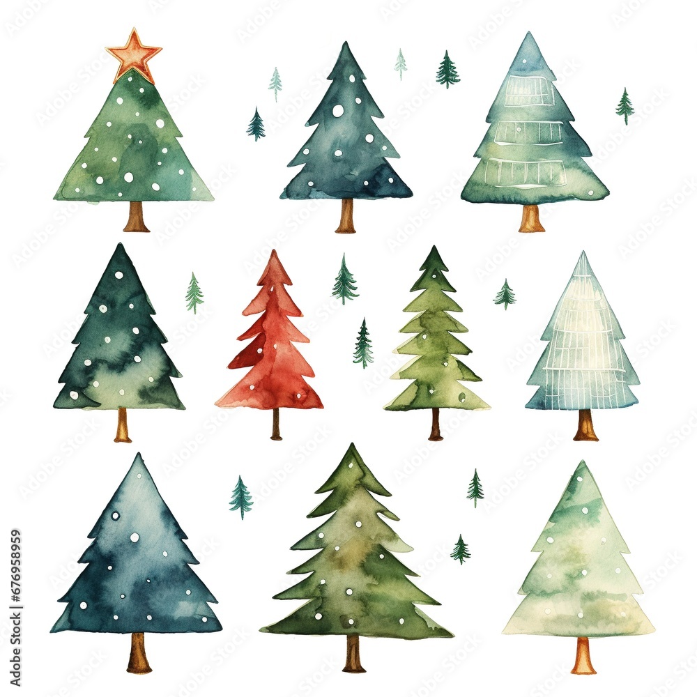 Obraz premium Set of watercolor Christmas trees in festive colors. Colorful collection of watercolor pines for holiday celebrations.