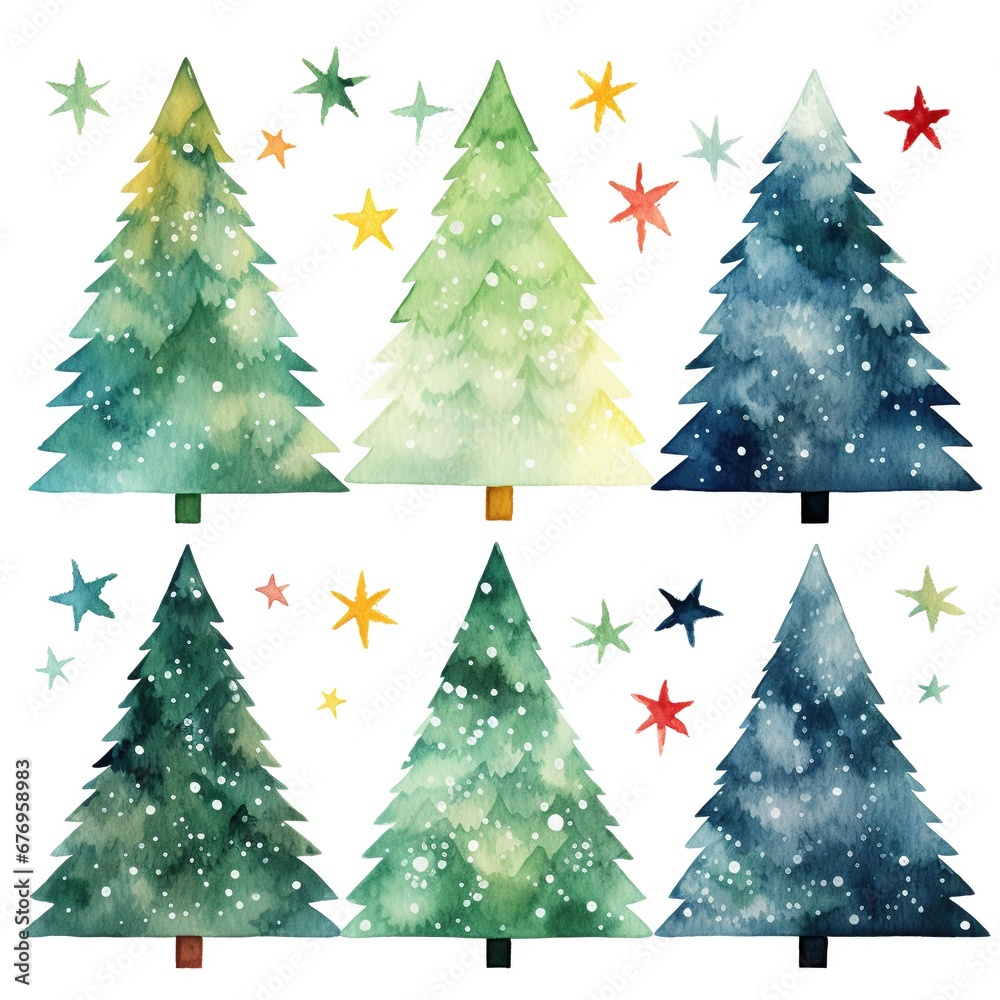 Whimsical watercolor Christmas trees adorned with stars. Joyful and colorful watercolor pine trees