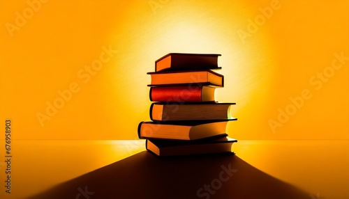 Pila di libri su uno sfondo oro a tinta unita con retroilluminazione generato con ai photo