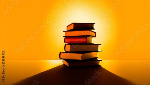 Pila di libri su uno sfondo oro a tinta unita con retroilluminazione generato con ai