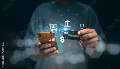 Man using mobile phone with credit card to make a transaction, Digital marketing, Business technology, Online banking and make payment transaction, Finance apps on mobile, Payment online concept. photo
