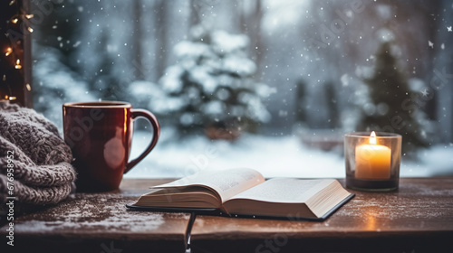 Peaceful winter moment with a hot mug and book by the snowy window. Cozy Christmas time with knitted blanket, candlelight, and a good read.