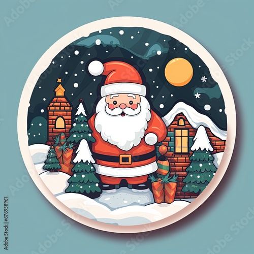 Cozy winter scene with Santa Claus and Christmas tree sticker. Festive holiday illustration with cheerful Santa and snowy village. photo