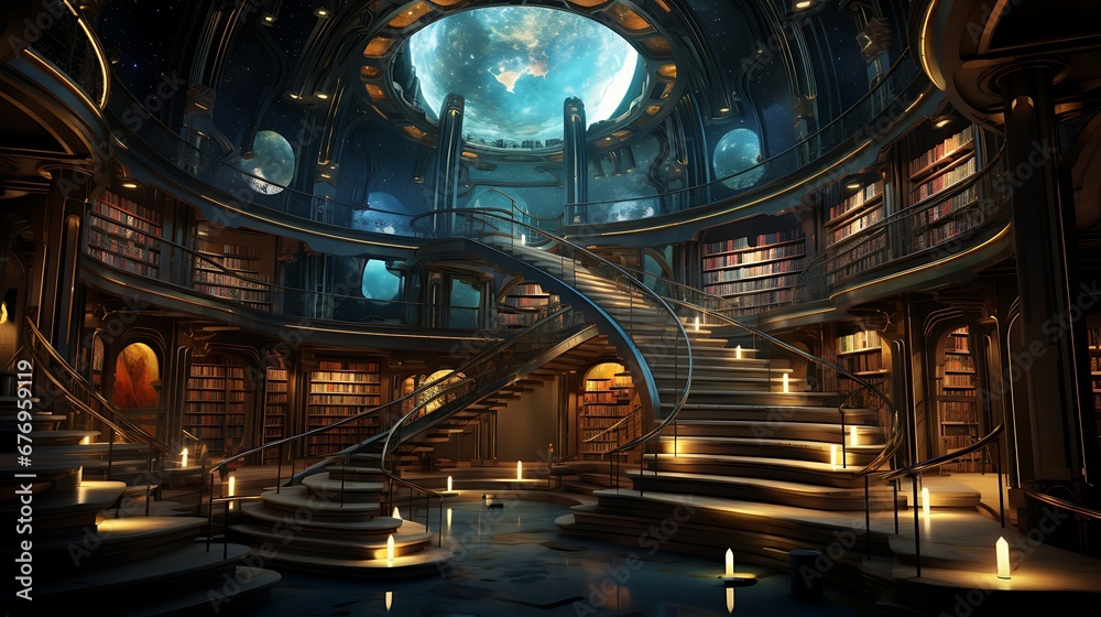 A library with a section for science fiction and fantasy novels. - obrazy, fototapety, plakaty 