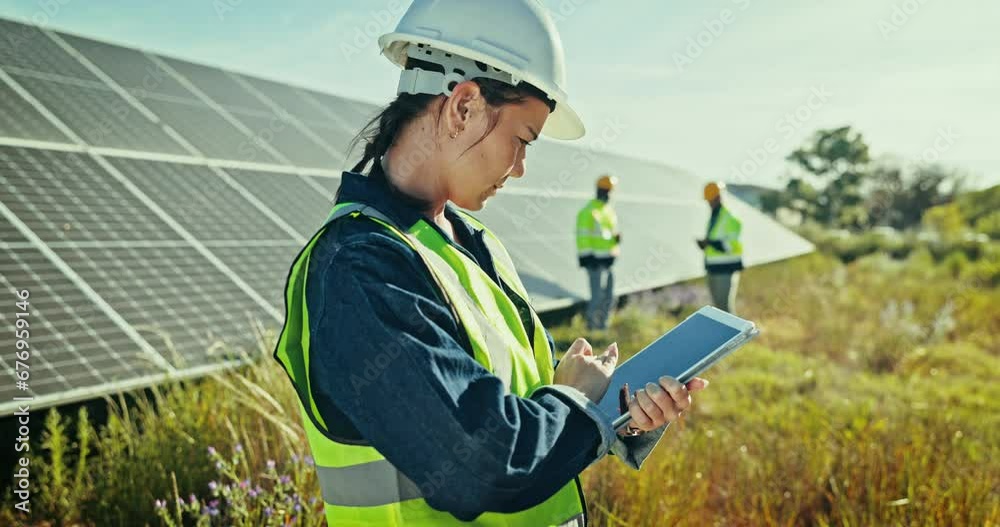 Engineering woman, tablet and solar panels, energy saving power or eco friendly heating on farm, field or agriculture. Technician thinking of photovoltaic grid and installation on digital technology