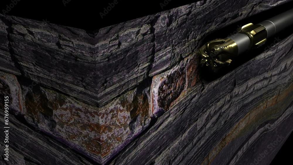 3D cross section and oil industry animation of subsurface view drilling bit penetrating rock formation