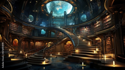 A library with a section for science fiction and fantasy novels.