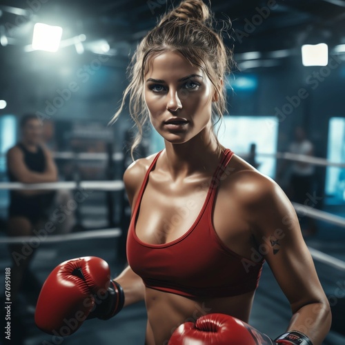person in boxing gloves, Young woman in boxing ring trains with partner and sparring equipment nearby © Jan