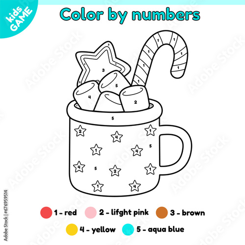 Kids game Color by numbers with Christmas cocoa mug with marshmallow, candy, gingerbread. Page of the holiday coloring book with cartoon New Year drink cup. Activity book for children. Vector design.