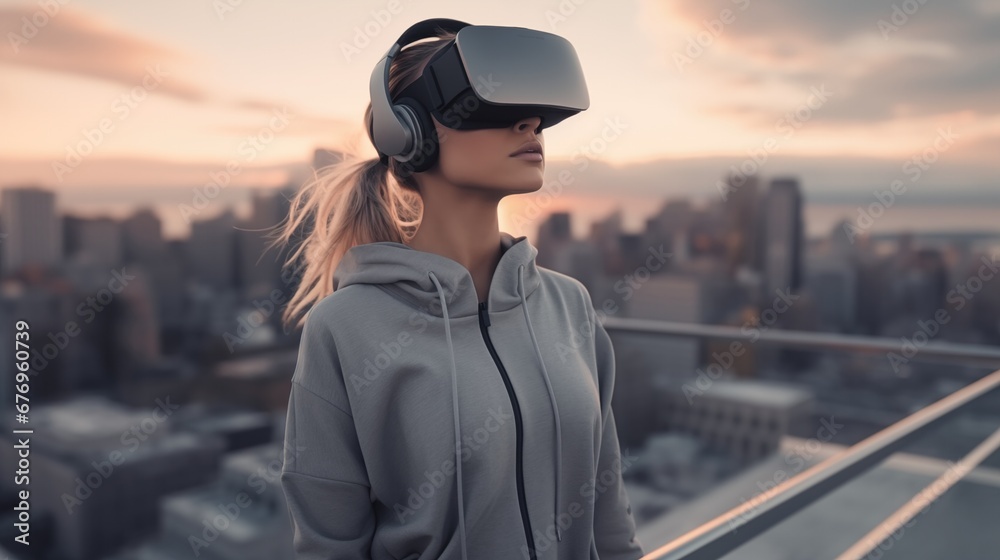 Woman wearing VR headset standing on rooftop among tall buildings in the background. Woman wearing VR headset standing on rooftop among tall buildings in the background.