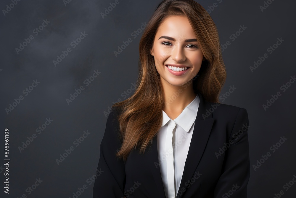Photo of a successful businesswoman. friendly smiling office, one color background, generative ai Photo of a successful businesswoman. friendly smiling office, one color background, generative ai