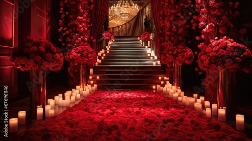 red carpet with rose flowers and candle surrounding romantic scene for couple weeding marriage 