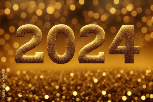 Text or inscription 2024 in gold tones. New Year concept. Background with selective focus and copy space