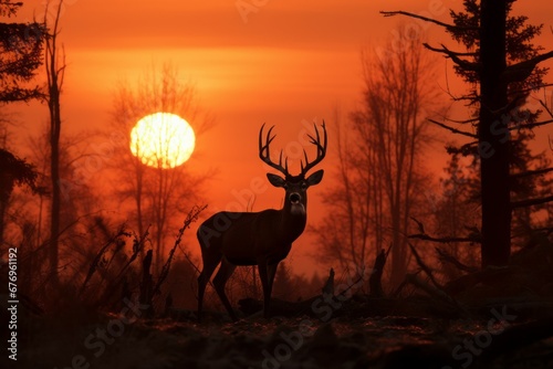 Deer at sunrise or sunset. Background with selective focus and copy space