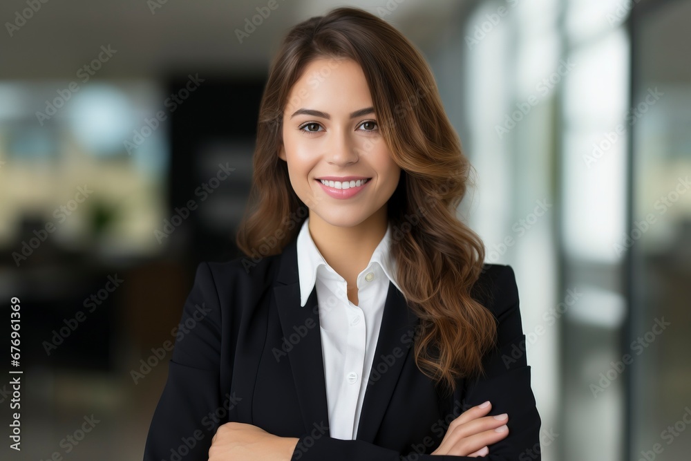 Photo of a successful businesswoman. friendly smiling office, one color background, generative ai Photo of a successful businesswoman. friendly smiling office, one color background, generative ai