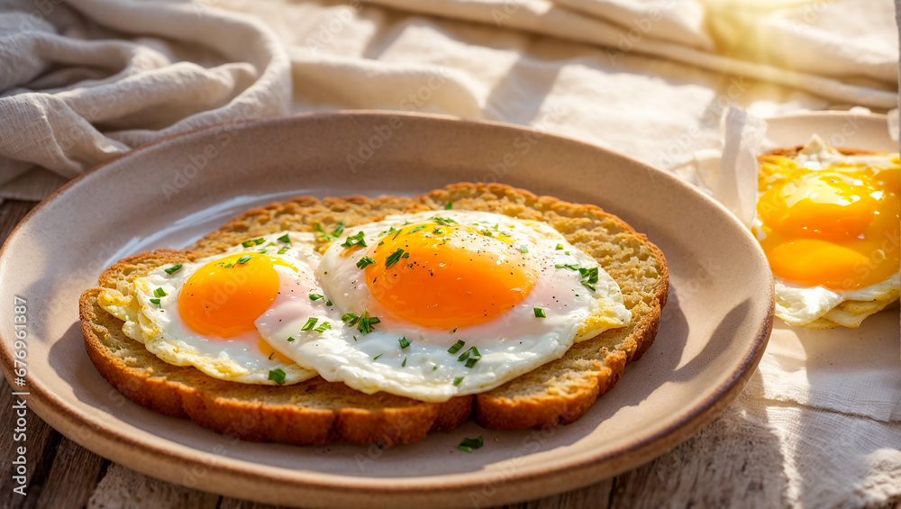 Appetizing fried eggs in a plate in the kitchen