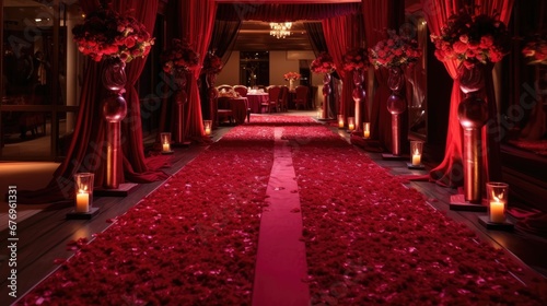 red carpet with rose flowers and candle surrounding romantic scene for couple weeding marriage 