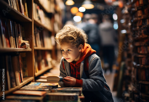 Uma criança olhando atentamente os livros de uma livraria, interessada em ler photo