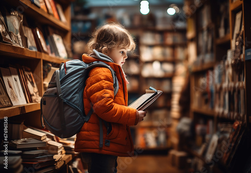 Uma criança olhando atentamente os livros de uma livraria, interessada em ler photo