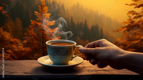 Uma imagem aconchegante com uma mão segurando uma xícara de café fumegante, tendo como pano de fundo vibrante uma floresta de outono photo
