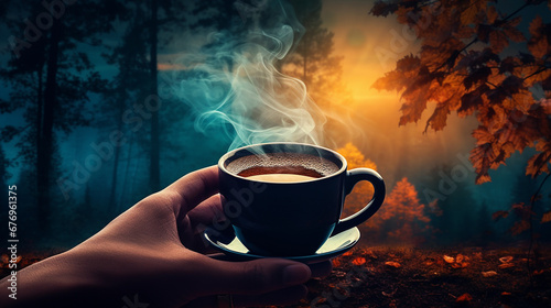 Uma imagem aconchegante com uma mão segurando uma xícara de café fumegante, tendo como pano de fundo vibrante uma floresta de outono