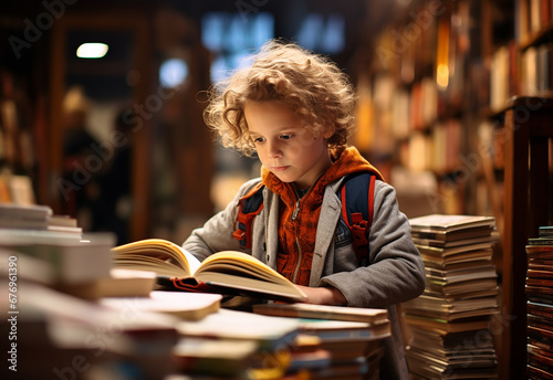 Uma criança olhando atentamente os livros de uma livraria, interessada em ler photo