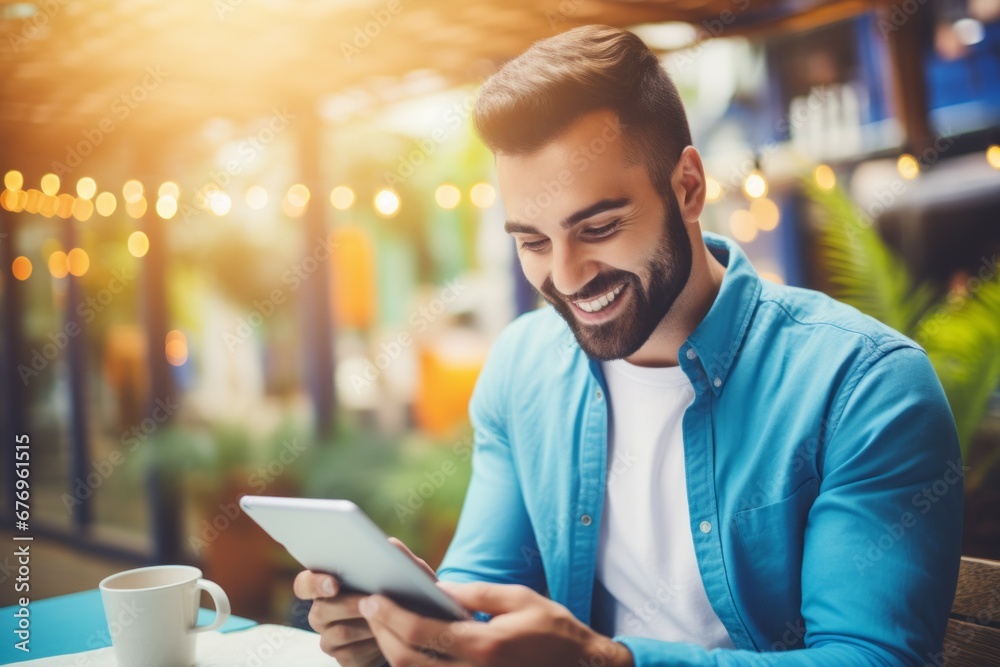 A man with a phone makes an online order. Black Friday concept. Portrait with selective focus and copy space A man with a phone makes an online order. Black Friday concept. Portrait with selective focus and copy space