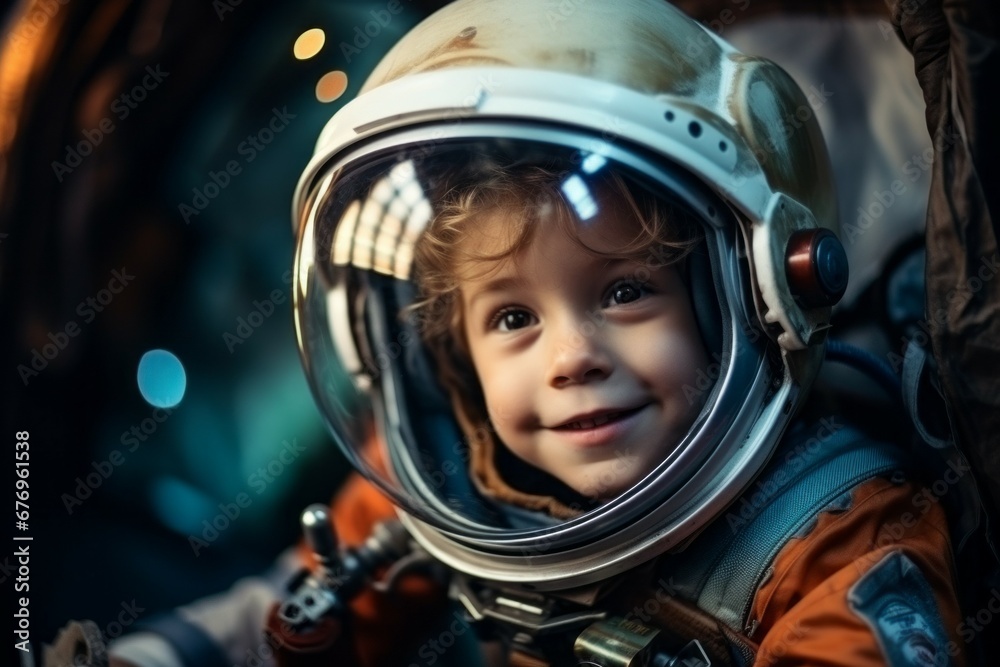 Portrait of a child in an astronaut costume with selective focus and copy space Portrait of a child in an astronaut costume with selective focus and copy space