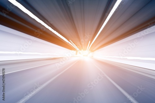 Motion blur shot of an empty road under a tunnel with white lights