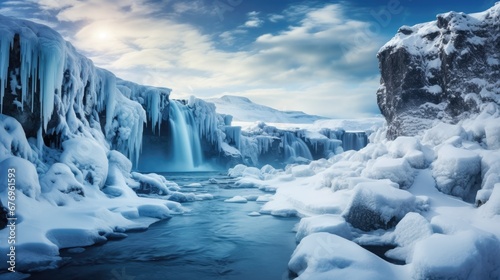 frozen waterfall on lake blue water ice glacier beautiful 