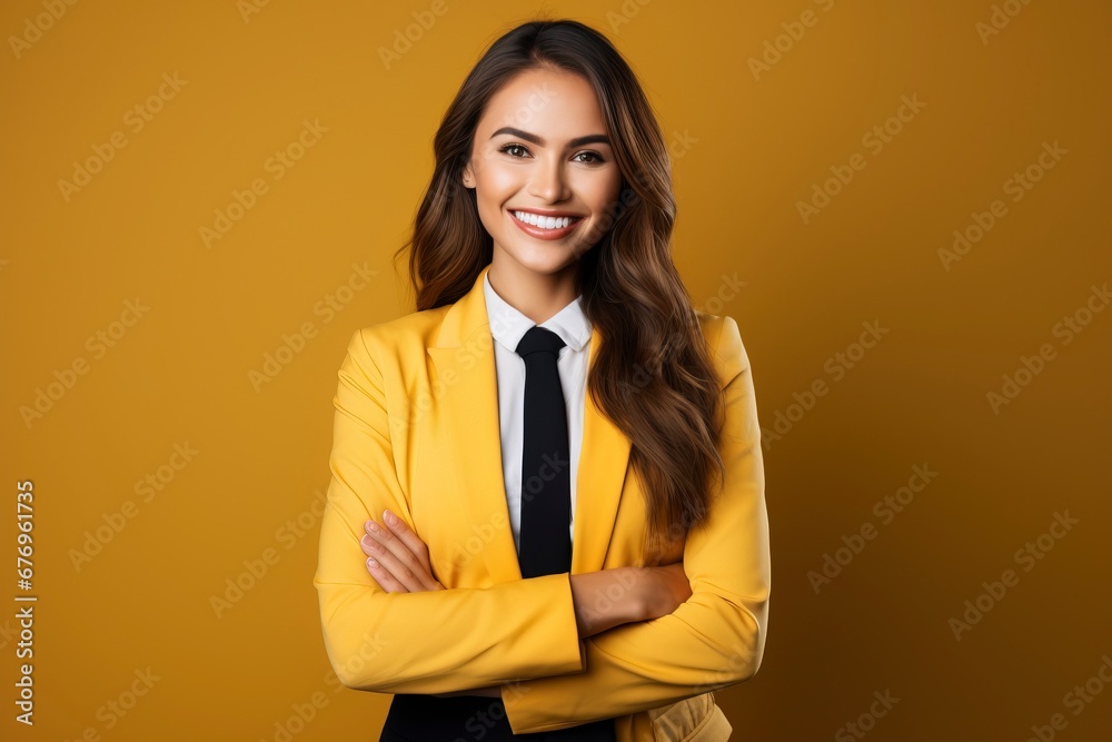 Photo of a successful businesswoman. friendly smiling office, one color background, generative ai Photo of a successful businesswoman. friendly smiling office, one color background, generative ai