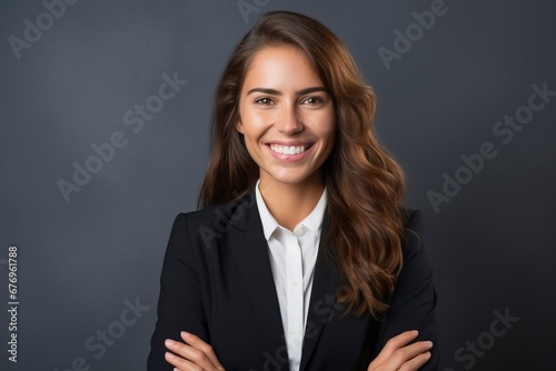 Photo of a successful businesswoman. friendly smiling office, one color background, generative ai